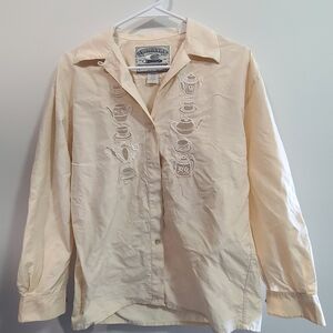 Cream Women's Blouse Ce N'est Pas un Chapeau Embroidered Tea Cups Tea Pots